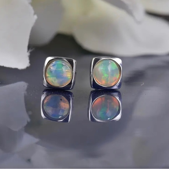 Natural Ethiopia Real Opal Ear Studs - Rainbows Opal Sterling Silver Earrings - Picture 2 of 12